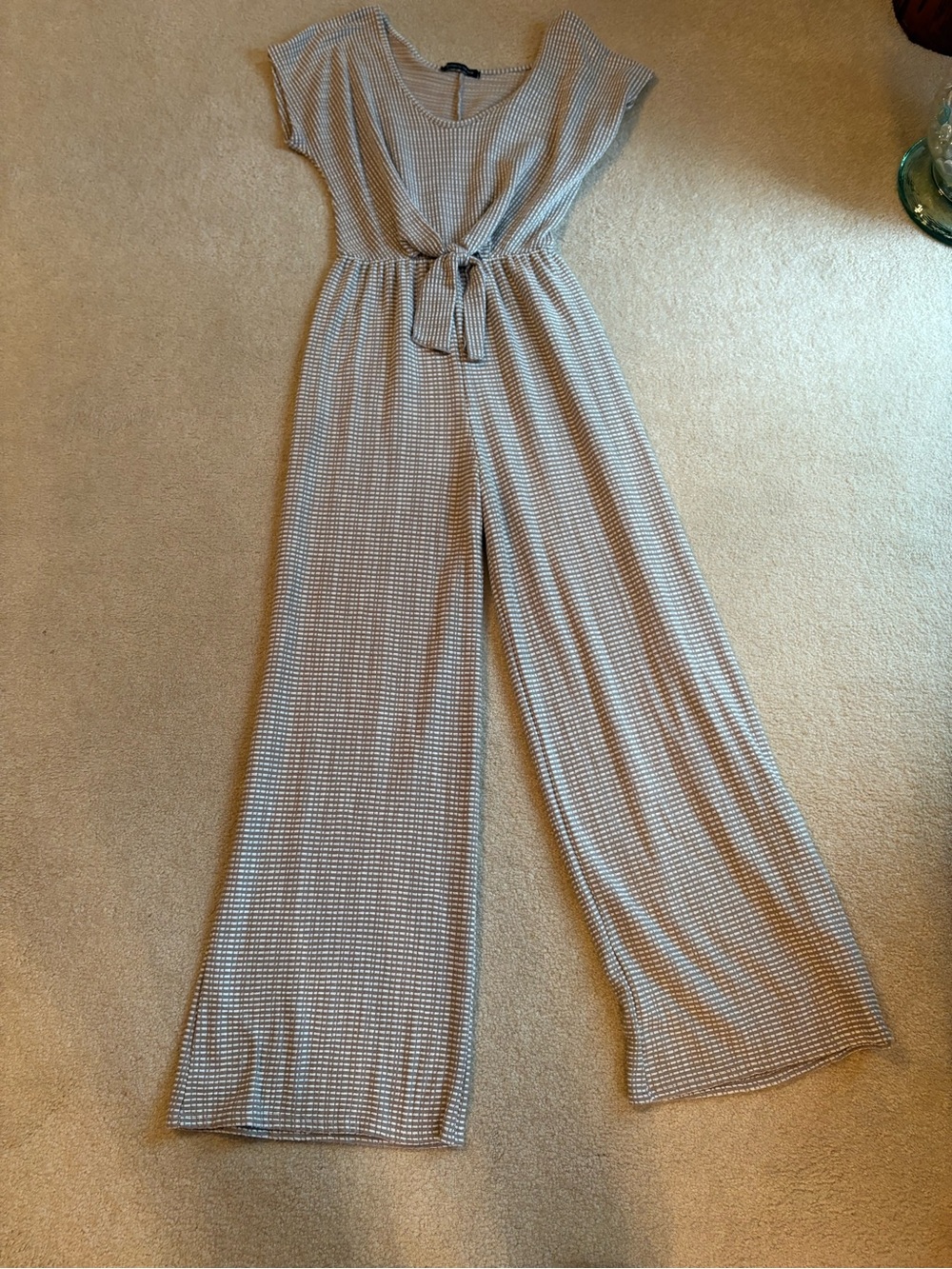 Caution To The Wind Beige & White Wide-Leg Jumpsuit with Tie Waist